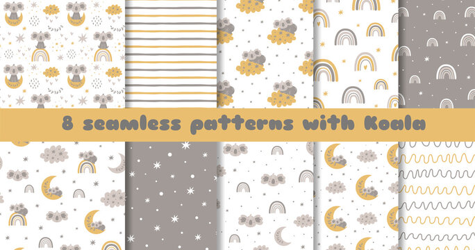 Grey baby pattern set. Grey and white baby background. Cute koala print. Clouds, rainbow. Baby textile.