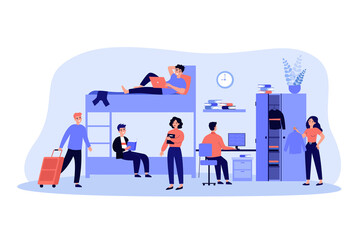 Dorm room for living, sleeping and studying in academic year flat vector illustration. Cartoon students in college hostel or alternative house. Architecture and accommodation concept