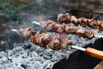 Mouth- watering skewers of pork with a toasted Golden crust and smoke flavor. Barbecue with coals in the yard in nature with cooked meat on skewers