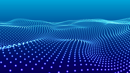 Abstract wave with moving dots. Flow of particles. Vector cyber technology illustration.