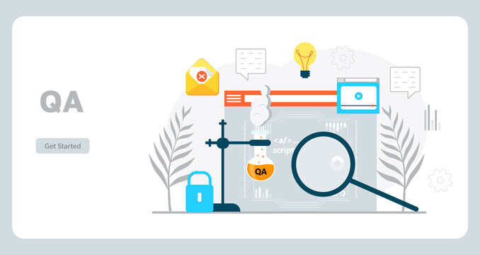 Testing concept vector for landing page. Tester for website and checks code. Software engineer or QA working in digital