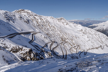 Winding road at the top of the Stelvio pass in Italy