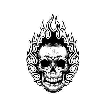 Skull with flame vector illustration. Burning head of skeleton. Fire show concept for emblems or labels templates