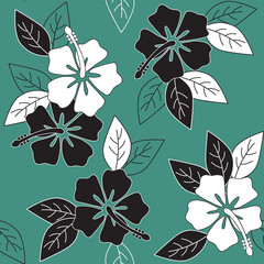Pattern with black and white hibiscus, Seamless pattern with green background, Beautiful background with hibiscus flower