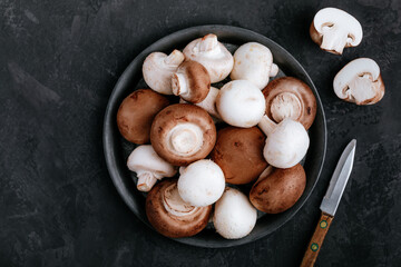 Fresh organic brown and white champignon mushrooms in bowl on dark stone background.