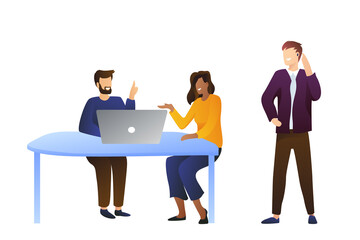 Man and woman marketers are sitting on against a laptop. Young ambitious guys present the promotion work. People discuss the workflow. Presentation concept, meeting of project participants.