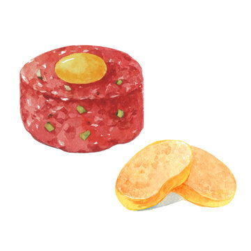 Beef tartare with capers, toasts, yolk and fresh onions on white background. Hand drawn watercolor illustration