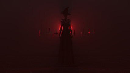 Witch with Upside Down Floating Crosses in a Foggy Void 3d illustration render 