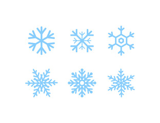 Snowflakes collection. Blue snowflakes, isolated on white background. Six different snow flakes in flat style for web design. Vector illustration
