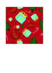 Christmas seamless pattern with ornaments gifts and xmas trees for wrapping paper. Vector handmade.