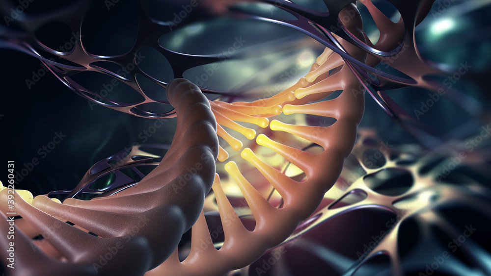 Poster dna helix. scientific research. genome decoding and medical innovation. 3d illustration of a dna mol