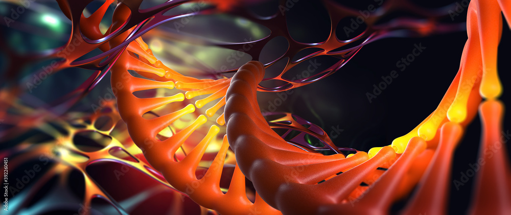 Poster dna helix. scientific research. genome decoding and medical innovation. 3d illustration of a dna mol