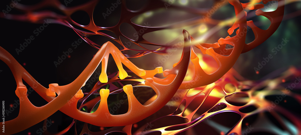 Poster dna helix. scientific research. genome decoding and medical innovation. 3d illustration of a dna mol