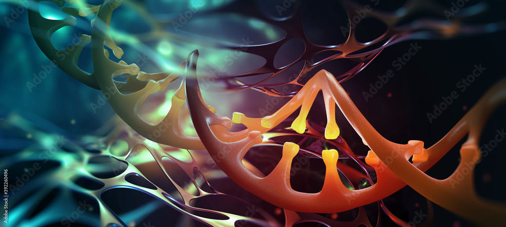 Poster dna helix. scientific research. genome decoding and medical innovation. 3d illustration of a dna mol