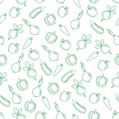 Seamless pattern from vegetables and fruits. Apple, pepper, onions, carrots, beets, eggplant. Vector illustration