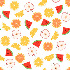 Seamless pattern of juicy watermelon, ripe apple, lemon and orange. This fruit design for your business projects. Perfect for fabrics and decor. Beautiful vector background