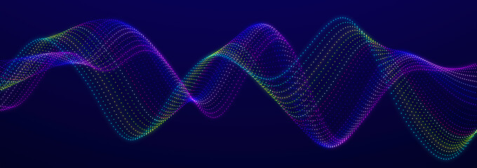 Colored sound wave. Equalizer for music. Futuristic dots background. 3D rendering. widescreen