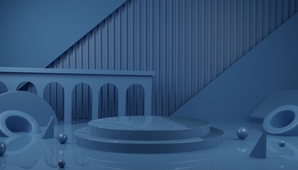 Abstract 3D Rendering Scene of Glossy Blue Podium Stage  for Product Presentation