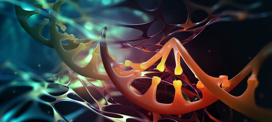 Obraz premium DNA helix. Scientific research. Genome decoding and medical innovation. 3d illustration of a DNA molecule under a microscope with an abstract, nanotechnology background