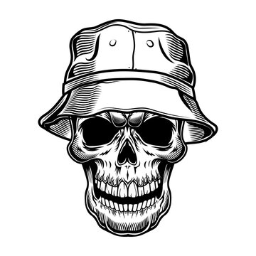 Retro skull in panama vector illustration. Black dead head of tourist in hat. Hawaii and tropical vacation concept can be used for retro template, banner or poster