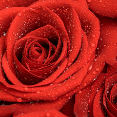 Red roses with drops close up texture background. Floral wallpaper.