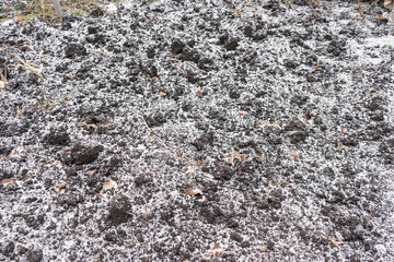 Detailed view of the snow-covered dug up ground in winter. natural winter texture ground