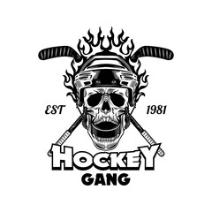 Hockey player symbol vector illustration. Skull in helmet with flame, crossed sticks, gang text. Sport or fan community concept for team emblems and labels templates