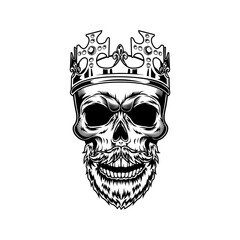 Skull of bearded monarch vector illustration. Head of skeleton in royal crown with gems and Christs. Monarchy or jewelry concept for emblems or tattoo templates