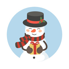 Snowman holding Christmas gift in the circle. Cute winter children's illustration.