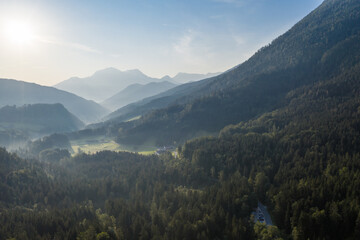 Drone panorama over forest and mountains in Bavaria, Germany