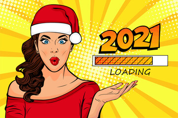 Waiting for new year. Brunette girl looking at 2021 loading process. Pop art retro comic style vector illustration.