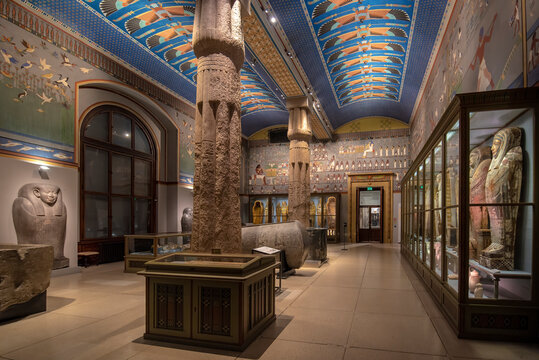 Vienna, Austria - 15.02.2020: Interior of Museum of Art History (Kunsthistorisches museum). Hall dedicated to Egypt, including mummies, sarcophagus and ancient Egyptian art