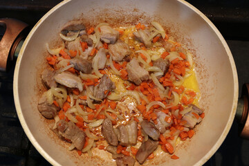 Pieces of meat, onions and carrots are fried in a pan. Selective focus.