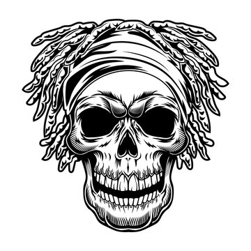 Vintage skull with dreadlocks vector illustration. Monochrome dead head of Hawaiian dweller. Hawaii and tropical vacation concept can be used for retro template, banner or poster