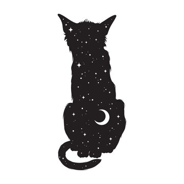 Silhouette of cat with crescent moon and stars isolated. Sticker, print or tattoo design vector illustration. Pagan totem, wiccan familiar spirit art