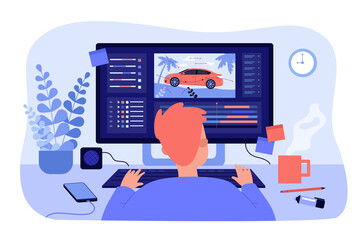 Animator sitting at workplace and creating motion design isolated flat vector illustration. Cartoon artist working on computer. Graphic creator profession and animation concept