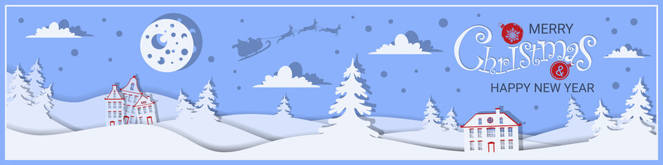 Winter landscape. Christmas banner with Santa Claus, houses, Christmas trees, moon in the night. White on blue.