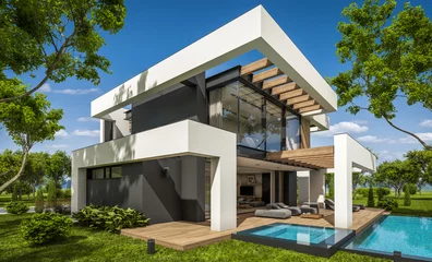 Foto op Canvas 3d rendering of modern cozy house with pool and parking for sale or rent in luxurious style and beautiful landscaping on background. Summer sunny day with clear blue sky. © korisbo