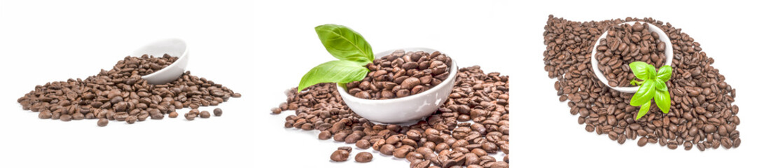 Group of roast coffee over a white background