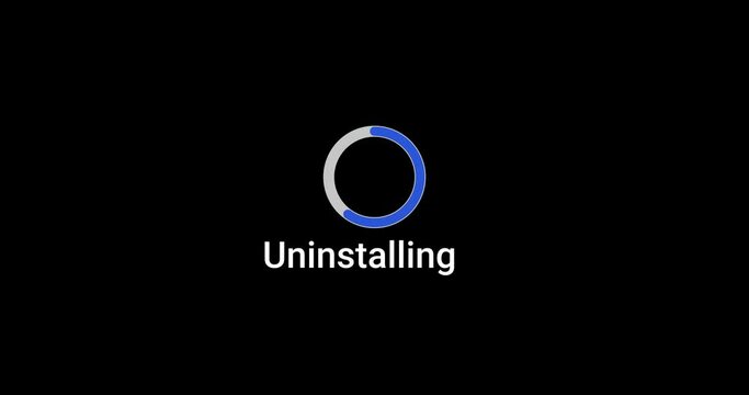 Uninstallation progress bar computer screen animation loop isolated on black background with blue progress install screen indicator in 4K. Computer loading screen game uninstall