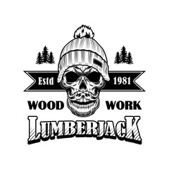 Woodcutter with moustache vector illustration. Head of skeleton in winter hat, woods and lumberjack text. Lumber job or craft concept for labels or tattoo templates
