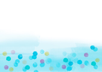 夏っぽい水色ベースのカラフルな水玉模様の手描き背景フレーム