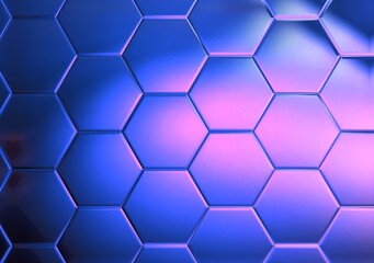 hexagonal mosaic background in shades of pink and glowing neon blue
