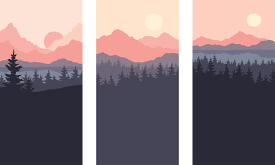 Abstract landscape with mountains and firs. Three vector illustrations, wallpapers. Twilight, sunset.	
