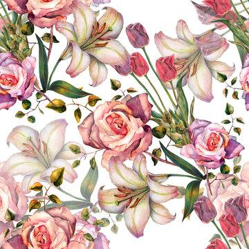 Garden flowers lily, tulip and rose painting in watercolor. Floral seamless pattern on white background.