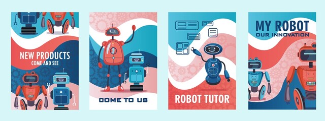 Robots show invitation flyers set. Humanoids, cyborgs, intelligent machines vector illustrations with come end see text. Robotics concept for posters or brochures design