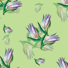 Fototapeta na wymiar Flowers lily painting in watercolor. Seamless pattern on lime green background. Illustration for decoration. 