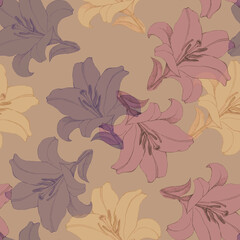 Seamless pattern with flowers lily on beige background. Composition from decorative flowers.
