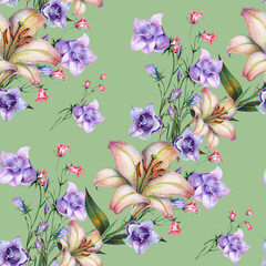 Meadow  flowers painting in watercolor. Seamless pattern  on green background. Illustration for decoration. 