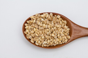 Wooden spoon with brown rice unpolished rice